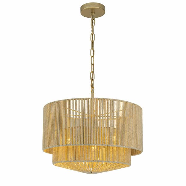 Armida 18 in. 3-Light Cream 2-Tier Coastal Boho Drum Pendant Light for Dining Room with Rattan Shade