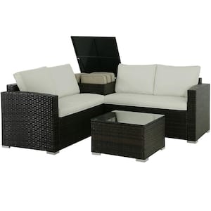 4-Piece Brown Wicker Outdoor Patio Sectional Sofa Conversation Set with White Cushions, a Storage Box