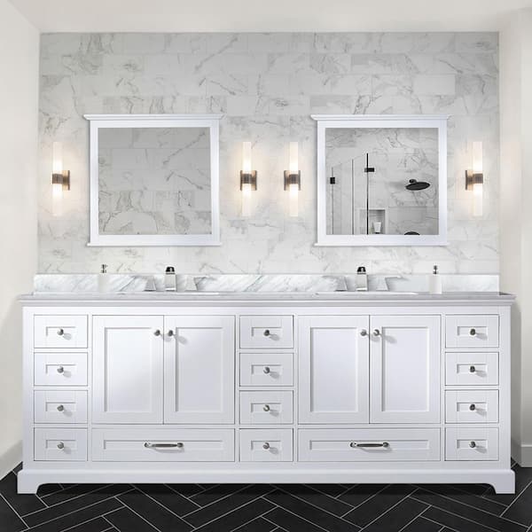 Lexora Dukes 84 in. W x 22 in. D White Double Bath Vanity, Carrara Marble Top, and 34 in. Mirrors