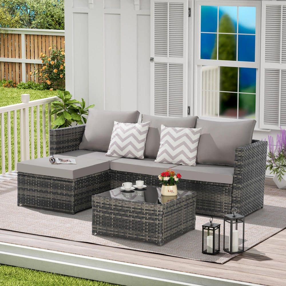 Gray 3-Piece Wicker Outdoor Sectional Set with Light Gray Cushions, Patio R