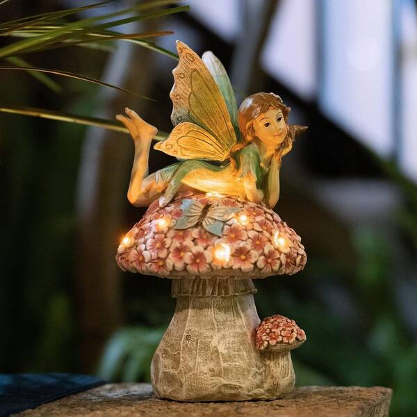 フェアリー 置物 Flower Fairy Outdoor Statue, Solar Powered Resin Ornaments, Patio
