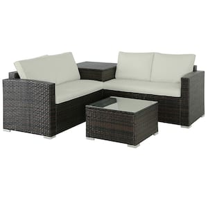 4-Piece Brown Wicker Outdoor Patio Sectional Sofa Conversation Set with Beige Cushions and 2 Side tables