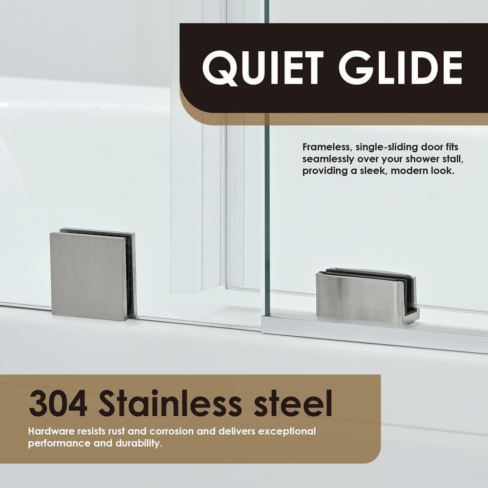 Lazaro 60" Brushed Nickel Frameless Sliding Tub Door with Clear Glass