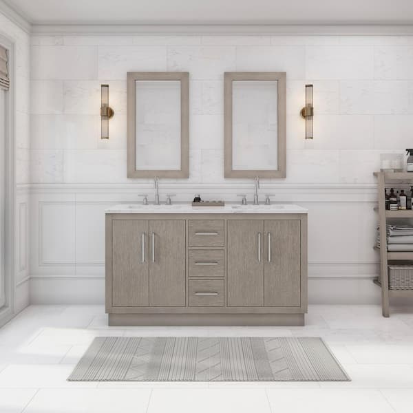Water Creation Hugo 60 in. W x 22 in. D Bath Vanity in Grey Oak with Marble Vanity Top in White with White Basin and Gooseneck Faucet