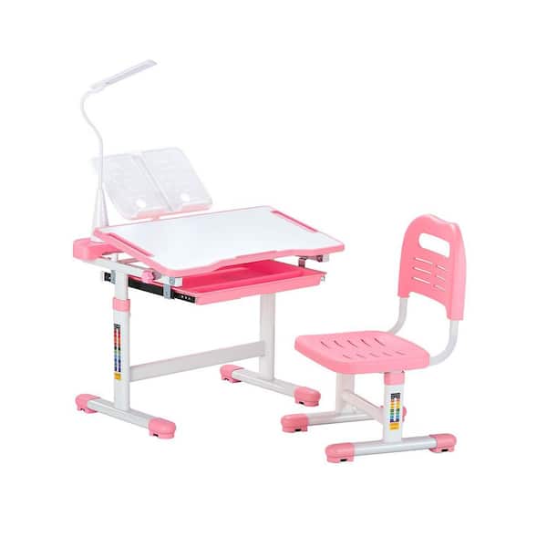 Kids Study Chair and Desk Set, Study Desk and Chair for Kids with Table Lamp, Adjustable Height and 0-40° Tilted Desktop