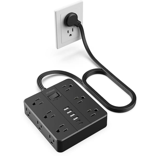 5 ft. Black Flat Plug Power Strip Surge Protector, Desk Charging Station with 12 Multiple Outlets 6 USB Charger
