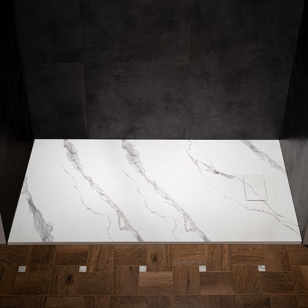 WOODBRIDGE 59 in. L x 31.5 in. W Alcove Shower Pan Base with Left/Right Drain in Carrara White