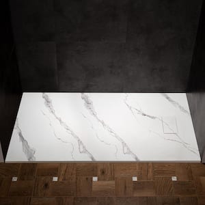 59 in. L x 35.375 in. W Alcove Shower Pan Base with Left/Right Drain in Carrara White