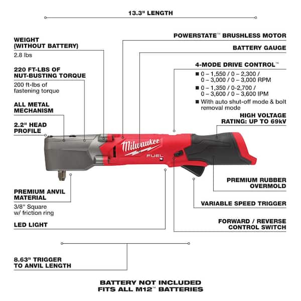 Milwaukee M12 FUEL 12V Lithium-Ion Brushless Cordless 3/8 in. Right Angle Impact Wrench With 3.0 Ah Battery Pack (2-Pack)