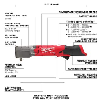 Milwaukee M12 FUEL 12V Lithium-Ion Brushless Cordless 3/8 in. Right Angle Impact Wrench w/High Output 2.5 Ah Battery 2564-20-48-11-2425