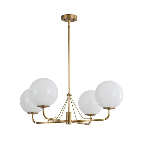 4 Light Brushed Gold Mid Century Globe Chandelier Modern Sputnik Pendant Light Fixture for Foyer with Milky Glass Shade