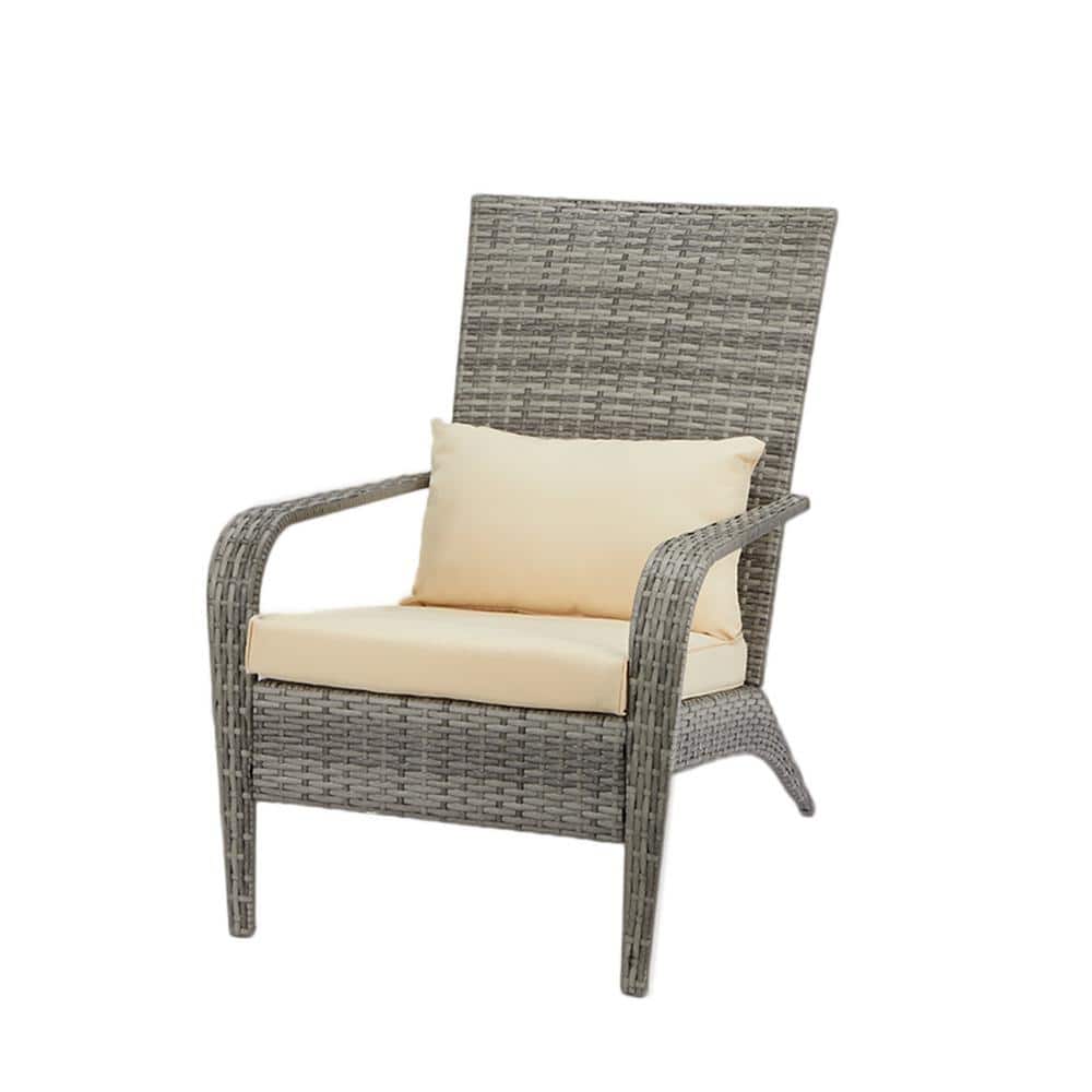 Gray Wicker Outdoor Lounge Chair with Cream Cushion