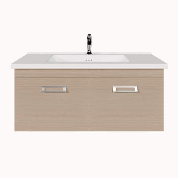 Orleans 38 in. Single Sink Floating Light Oak Bath Vanity with White Porcelain Top (Assembled)