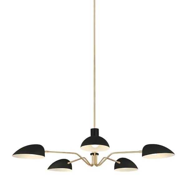 Generation Lighting - Jane 5-Light Matte Black and Burnished Brass Mid-Century Modern Hanging Chandelier