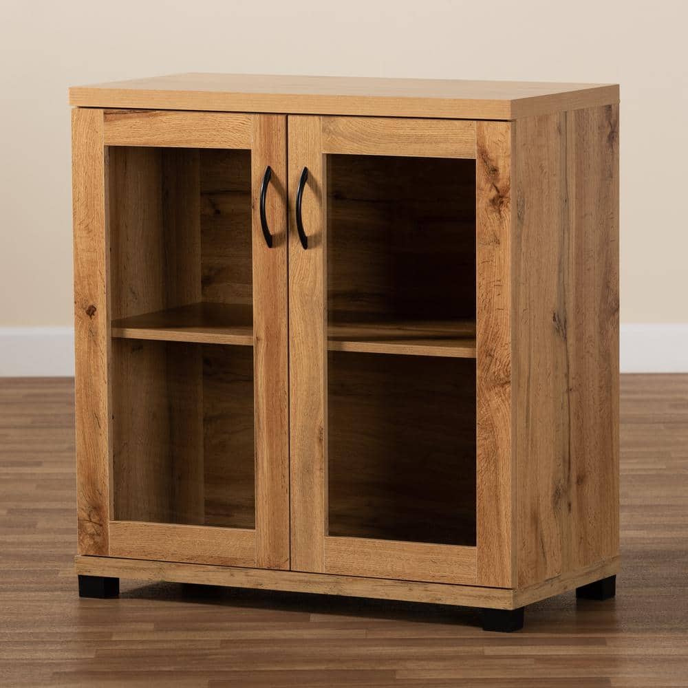 Zentra Oak Brown Wood 2-Door Glass Display Storage Cabinet