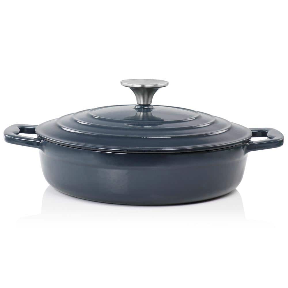 2 qt. Dark Blue Enameled Cast Iron Braiser Pan with Lid