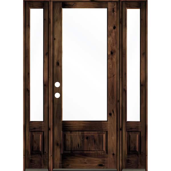 Krosswood Doors 64 in. x 96 in. Knotty Alder Right-Hand/Inswing 3/4 Lite Clear Glass Red Mahogany Stain Wood Prehung Front Door with DSL