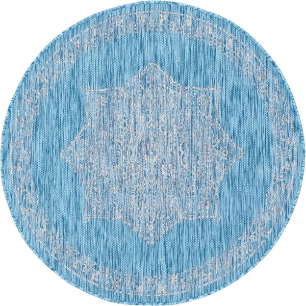 Aqua Blue Antique Outdoor 4 ft. Round Area Rug