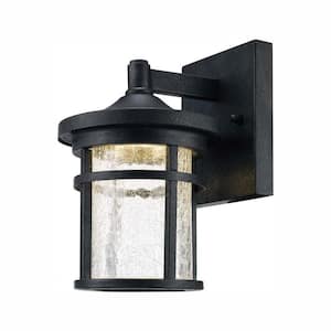 Westbury 8.5 in. Aged Iron Small LED Outdoor Wall Light Fixture Sconce with Clear Crackled Glass