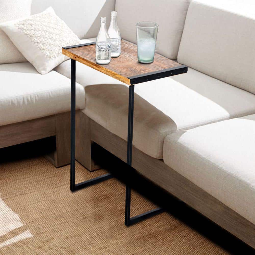 C-Shaped Mango Wood and Metal End Table, Brown and Black