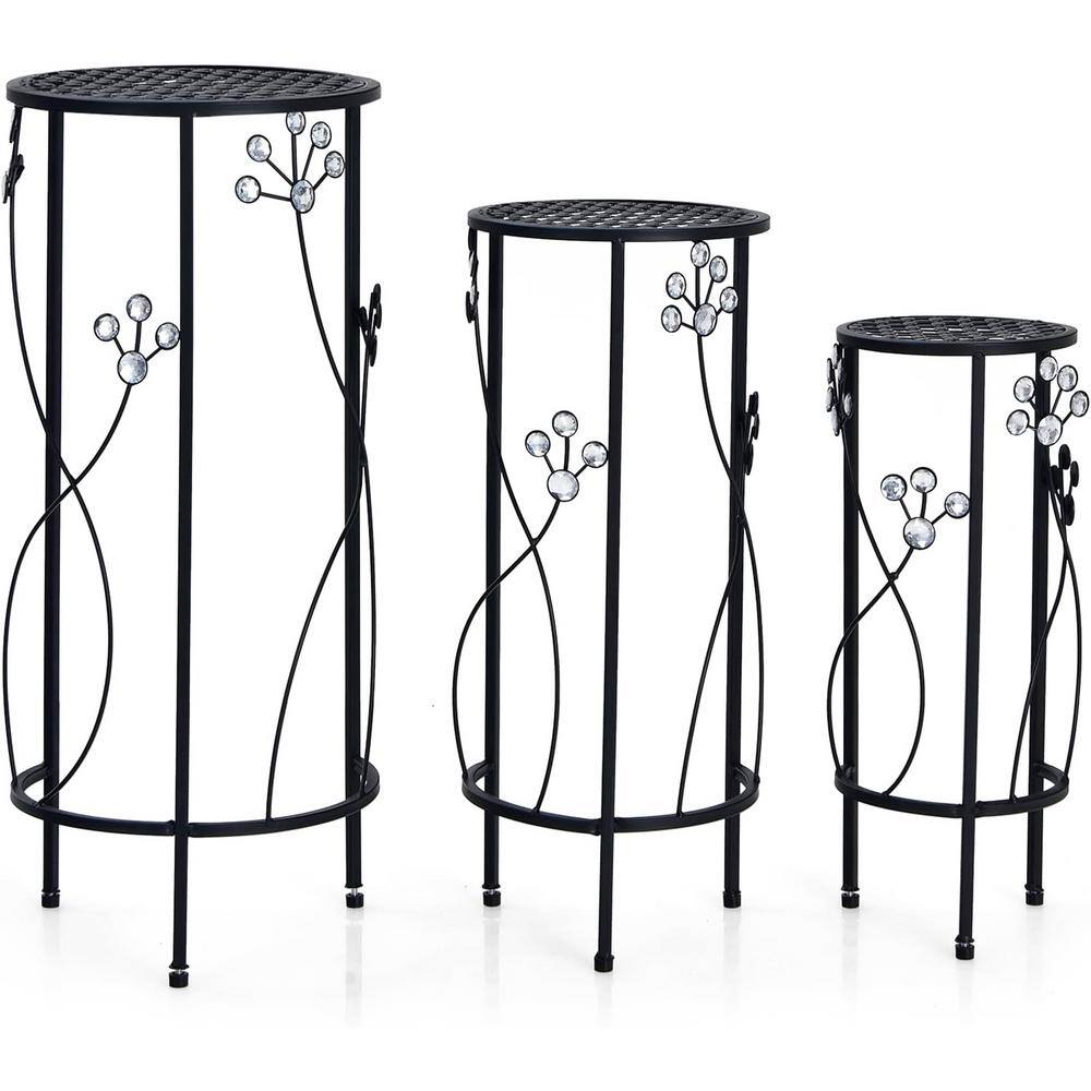 SUGIFT Outdoor Black Metal Plant Stands with Crystal Floral Accents