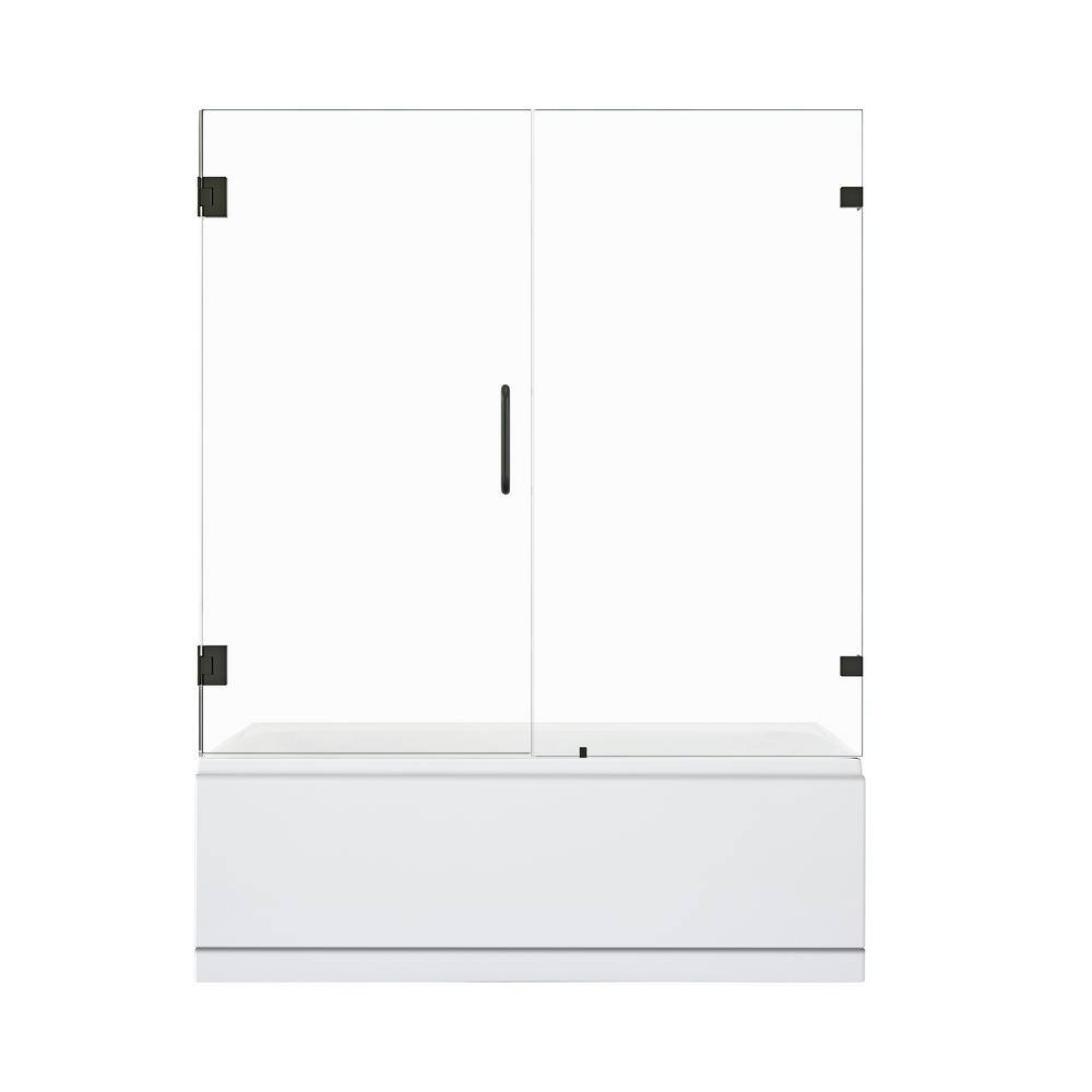 60" Matte Black Frameless Hinged Tub Door with Clear Glass