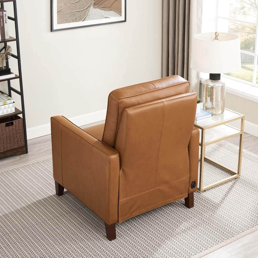Cognac Genuine Leather Zero Gravity Recliner with Wood Frame
