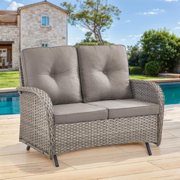 moosprr Gray PE Wicker Outdoor Loveseat with Gray Cushions and Glide Function