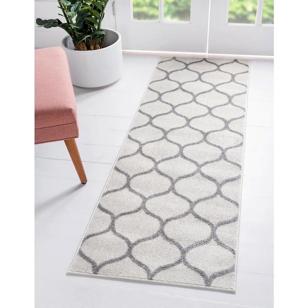 Trellis Frieze Collection Area Rug - Rounded (2 ft.  x 8 ft. 8 in. Runner Ivory/Gray)
