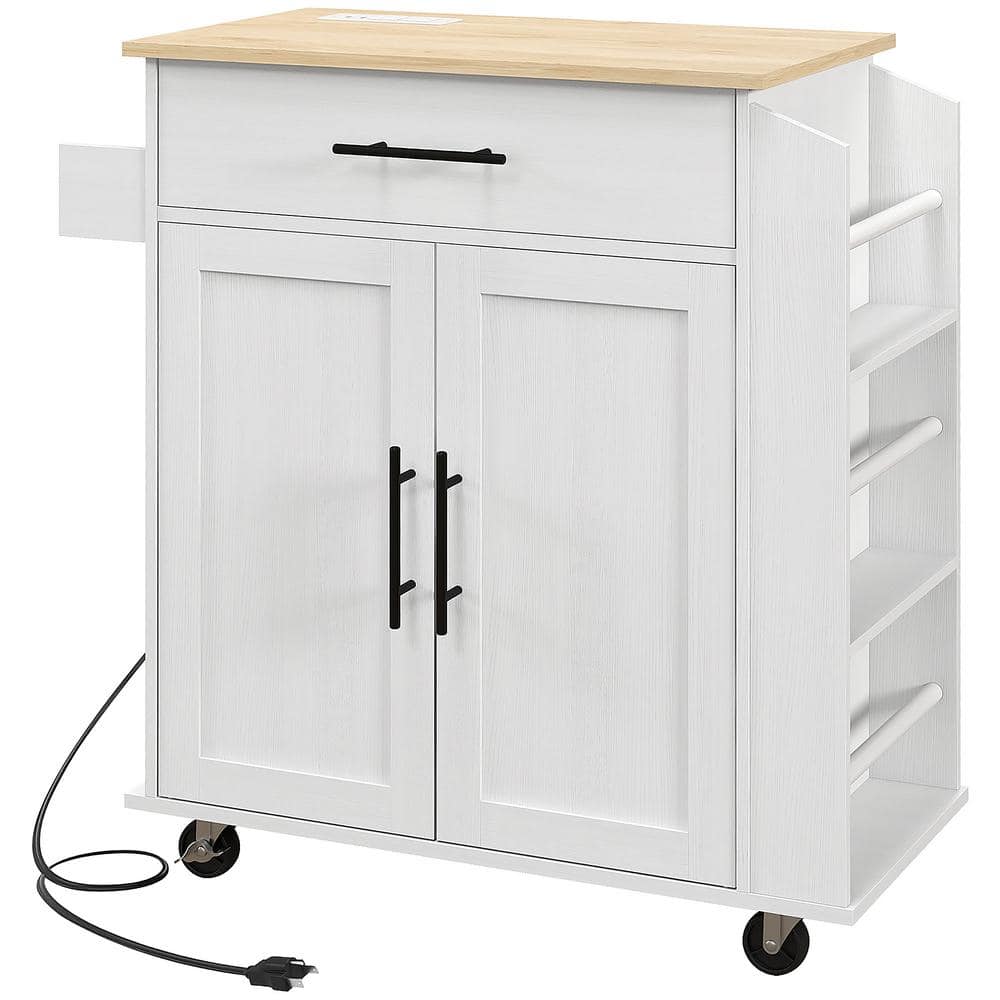 White Wood 30 in. W Kitchen Island Microwave Stand with AC Outlets, USB Ports, Towel Rack and 3-Tier Spice Rack price history on PriceWatchPro