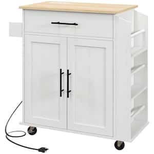 White Wood 30 in. W Kitchen Island Microwave Stand with AC Outlets, USB Ports, Towel Rack and 3-Tier Spice Rack