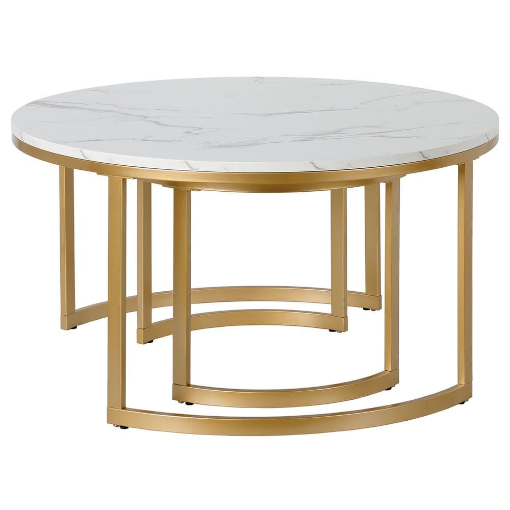 Meyer&Cross Mitera 36 in. Brass and Faux Marble Round Faux Marble Top Coffee Table with 2-Nested Tables, Brass/Faux Marble