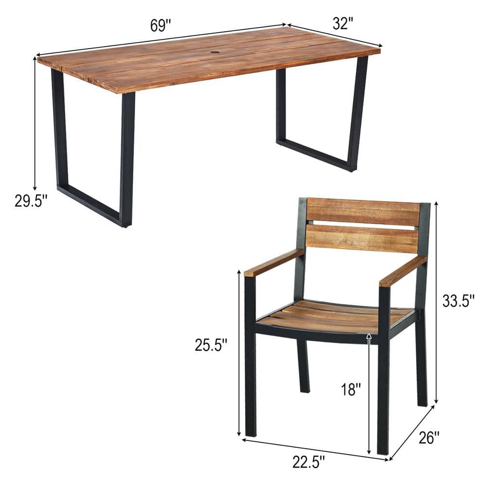 6-Person Brown Acacia Wood and Steel Outdoor Dining Set