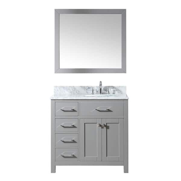 Virtu USA Caroline Parkway 36 in. W Bath Vanity in Cashmere Gray with Marble Vanity Top in White with Round Basin and Mirror
