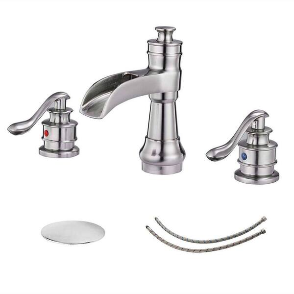 FLG 8 in. Widespread Double Handle Bathroom Faucet Brass Waterfall Sink Basin Faucet with Pop-up Drain Kit in Brushed Nickel