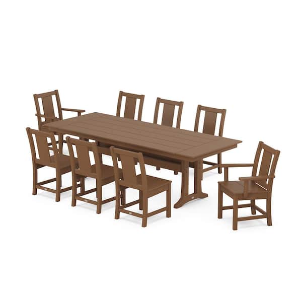 POLYWOOD 9-Piece Prairie Farmhouse Trestle Plastic Rectangular Outdoor Dining Set in Teak