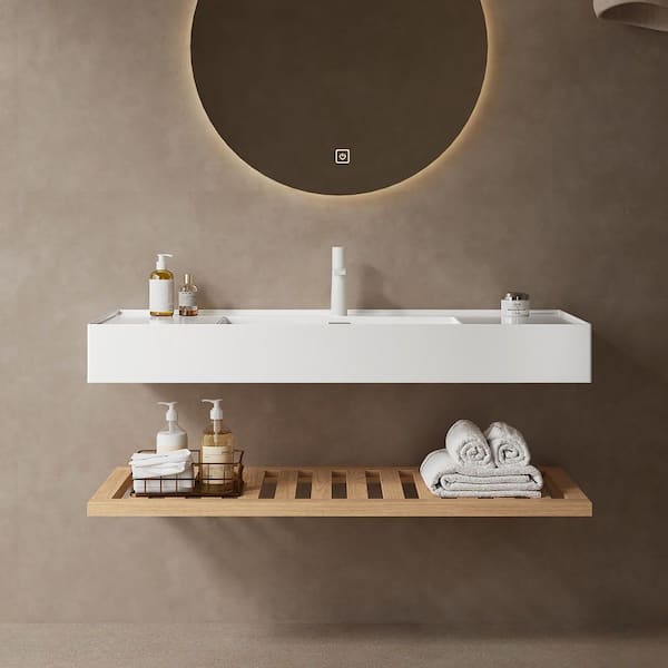 Coporesell 5.51 in. White Acrylic Wall-Mounted Bathroom Integrated Sink and Shelf