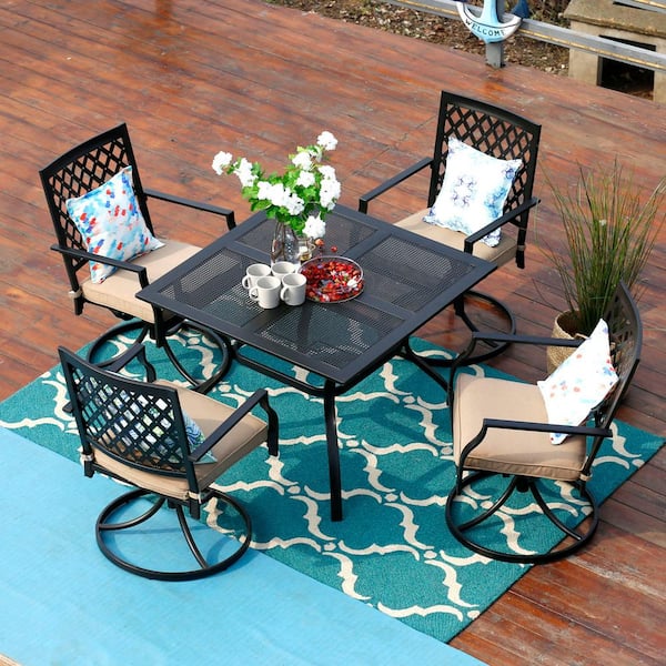 PHI VILLA Black 5-Piece Metal Patio Outdoor Dining Set with Square ...