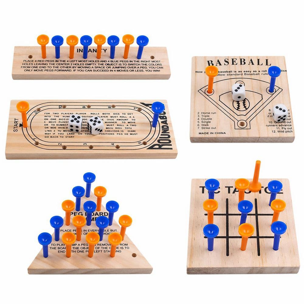 Wooden Peg Board Strategy Games Assortment Kit, 5-Piece Set for Teens and Adults, Screen-Free Fun