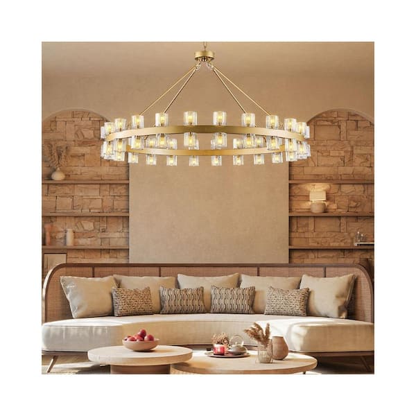 YANSUN 53 in. 60-Light Gold Rectangular K9 Crystal Chandelier for