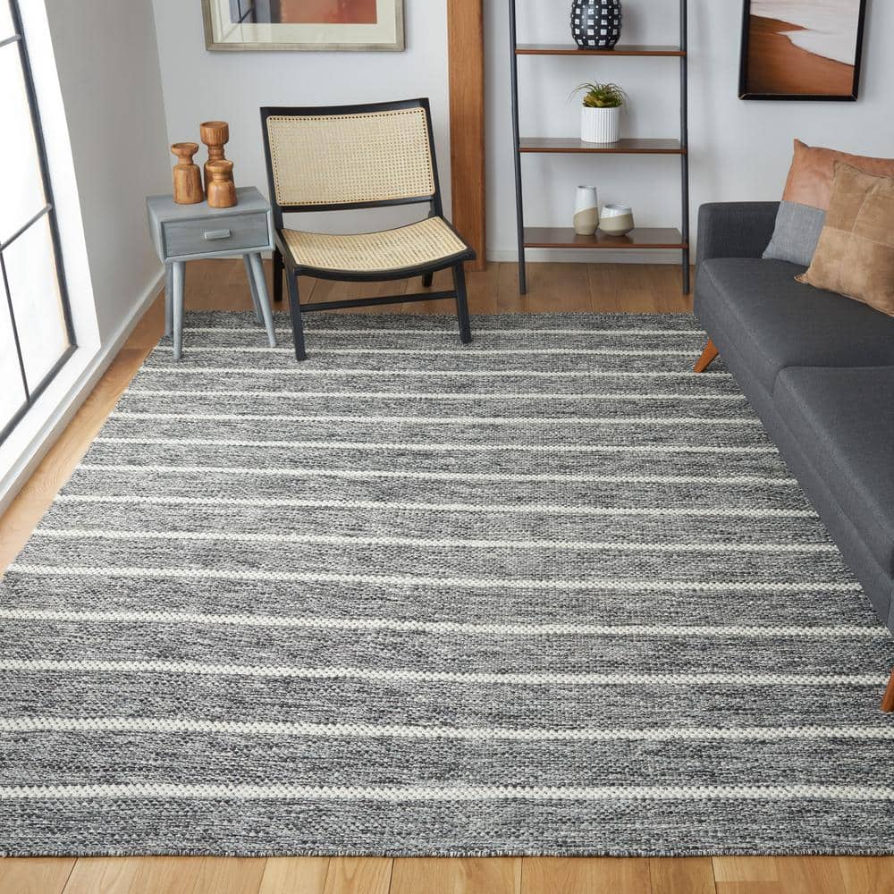 Handmade Black and Ivory Wool Striped 9' x 12' Area Rug