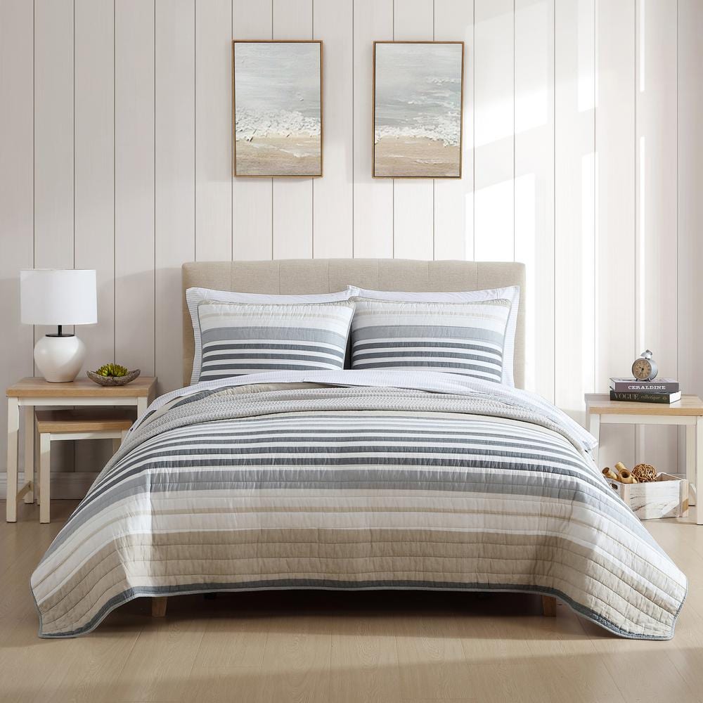 Nautica Dover Cotton 3-Piece Beige/Grey Full Queen Quilt Set