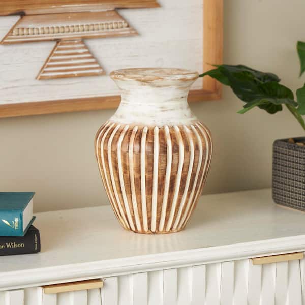 Litton Lane Brown Distressed Mango Wood Decorative Vase with Carved Grooves
