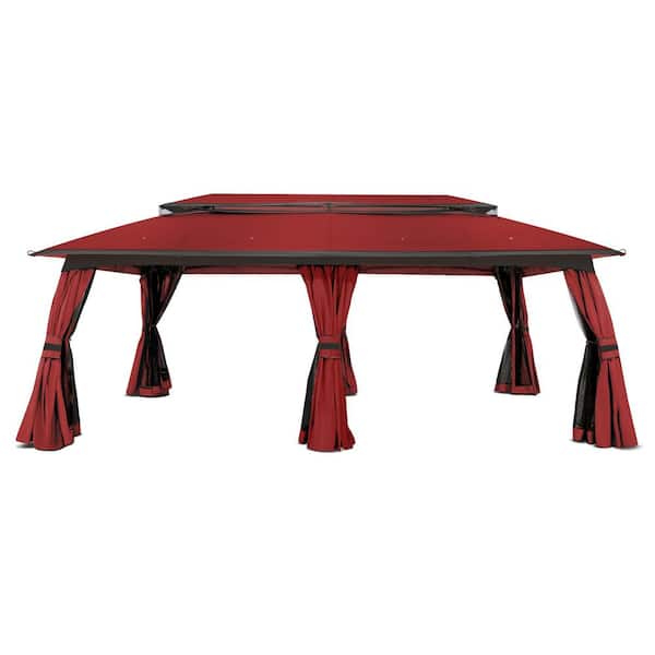 20 ft. x 10 ft. Red Outdoor Patio Double Vented Roof Gazebo with Curtains and Mosquito Nettin