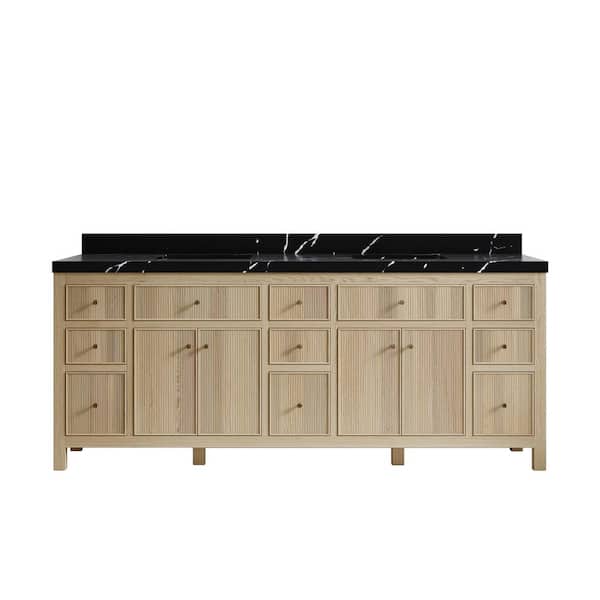 Willow Collections Sonoma Oak 84 in. W x 22 in. D x 36 in. H Double Sink Bath Vanity in White Oak with 2 in. Calacatta Black Qt. Top