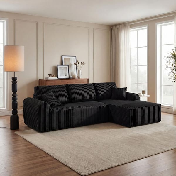 Emery 109.8 in. Round Arm 2-Piece Corduroy Modular Compressed Sectional Sofa in Black with Chaise, Pillows