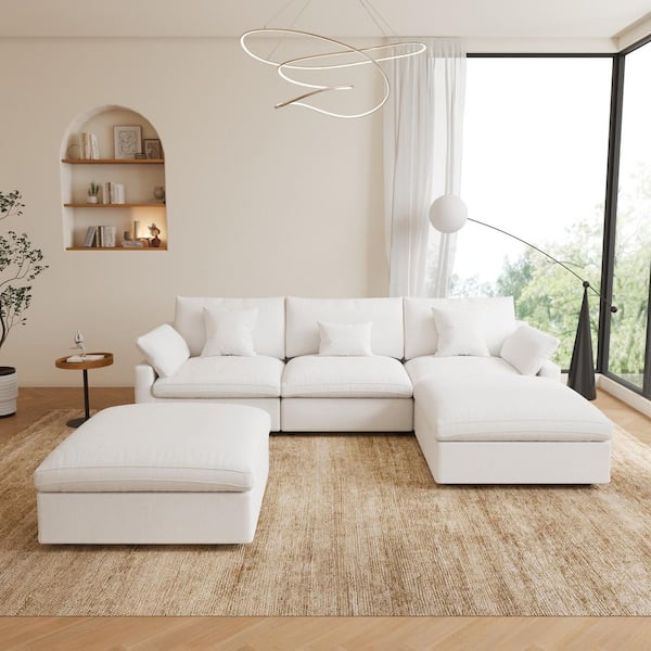 Magic Home 120 in. Square Arm 5-Piece Linen Upholstered Cloud Modular Sectional Sofa 3-Seater w/ Ottoman, Washable Covers in White