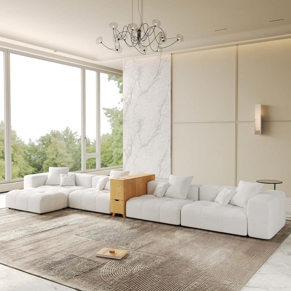 195 in. L-Shaped Square Arm 6-Piece Linen Modular Sectional Sofa w/Storage Console,Ottomans and Washable Covers in White