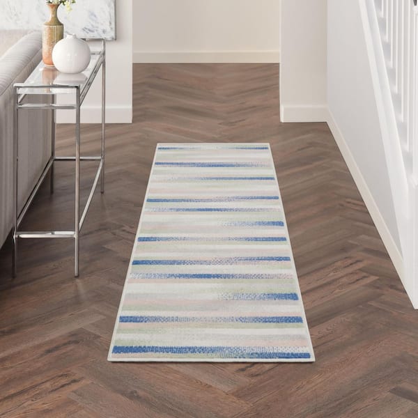 2 ft. x 8 ft. White Striped Washable Area Rug Runner Rug