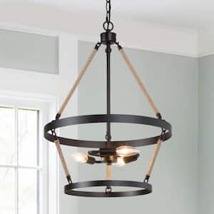 Black Chandelier Drum Candlestick 3-Light Industrial Farmhouse Island Cage Hanging Pendant Light with Ropes